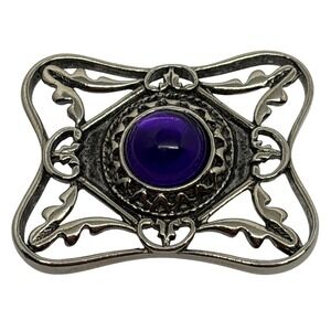Heavy Vintage Purple Cabochon Brooch Silver Tone Openwork‎ Design Pin Jewelry